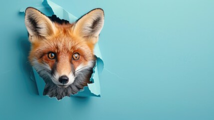 A humorous fox peers through a ripped hole in a contrast pastel color paper background, Ai Generated