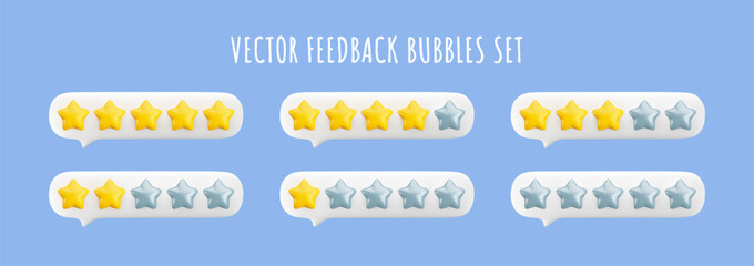 Vector 3d feedback bubbles set. Star rating system from worst to best level. Customer review gold and silver stars from 0 to 5. One, two, three, four and five stars in message bubble icons set.