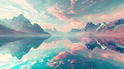 3d render, fantasy landscape panorama with mountains reflecting in the water. Abstract background. Spiritual zen wallpaper with skyline 