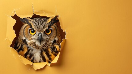 A humorous owl peers through a ripped hole in a contrast pastel color paper background, Ai Generated