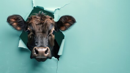 A humorous ox peers through a ripped hole in a contrast pastel color paper background, Ai Generated - obrazy, fototapety, plakaty