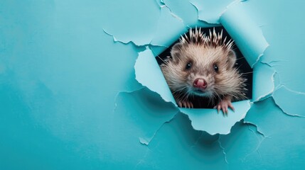 A humorous porcupine peers through a ripped hole in a contrast pastel color paper background, Ai...