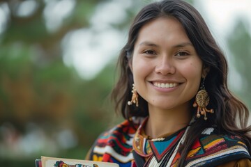 Young Woman in Traditional Attire Smiling While Holding Books Outdoors