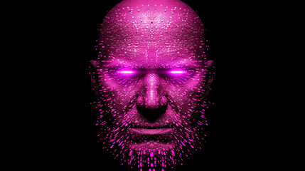 A man's face is shown in a pinkish color with a purple glow. The face is made up of many small dots, giving it a pixelated appearance. Scene is futuristic and somewhat eerie - obrazy, fototapety, plakaty