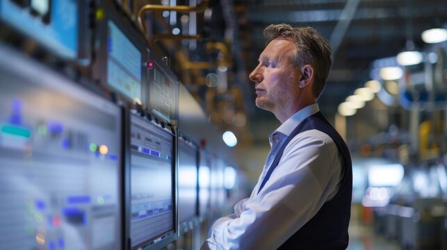 An operations manager in formal attire, overseeing a production facility through digital screens, looking commanding and proficient, against a clear background, styled as an industrial corporate