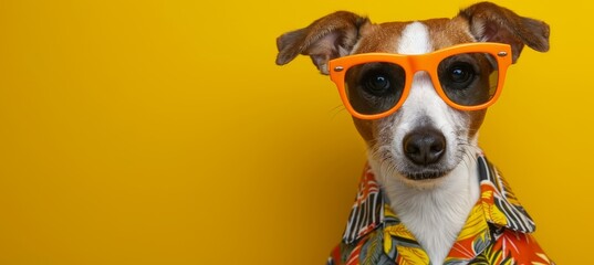 Chic dog in colorful hawaiian shirt and fashionable orange sunglasses exudes trendy style