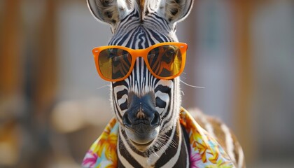 Obraz premium Fashionable zebra in trendy outfit with orange sunglasses and colorful hawaiian shirt