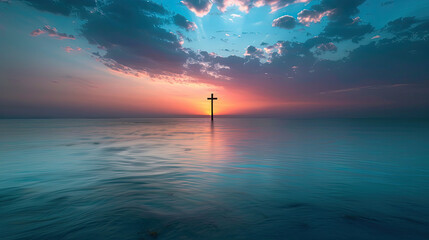 Sunrise Tranquility: Cross Silhouette on Calm Sea Horizon