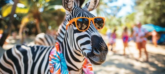 Fototapeta premium Zebra in trendy attire orange sunglasses and colorful hawaiian shirt, showcasing unique style