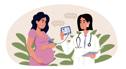 Preeclampsia awareness month. Doctor measuring blood pressure of her pregnant patient. Vector illustration.