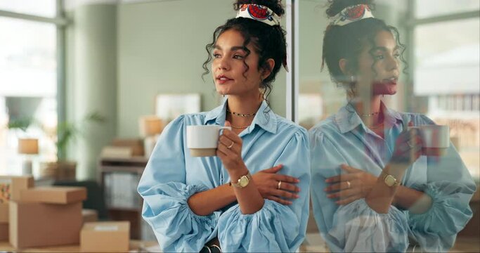 Business, boxes and woman with coffee, thinking and relaxing with smile, calm thoughts and peace. Person, reflection and girl with startup, cardboard and morning tea with break, office and confidence