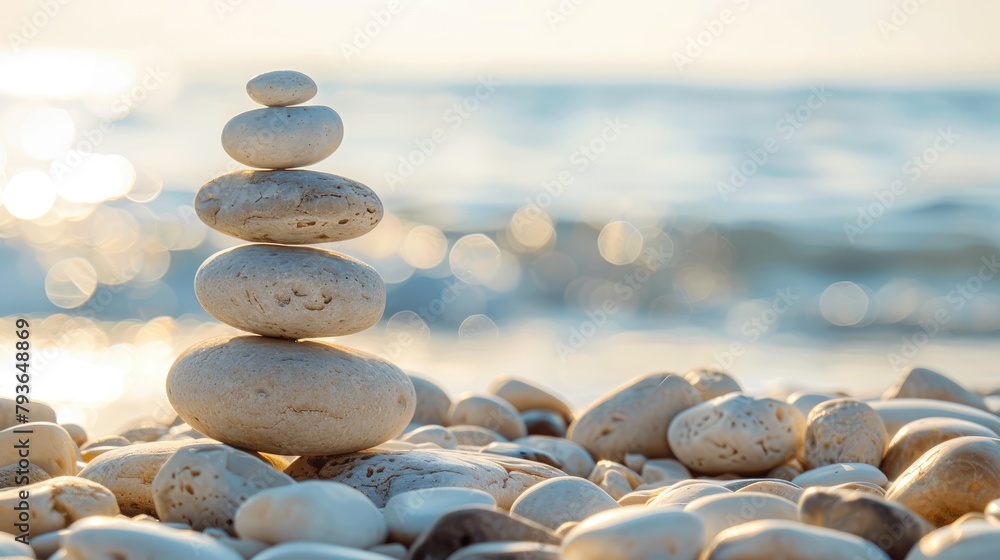 Aufkleber stones stacking on pebble shore representing tranquility equilibrium and unity with blurred backgrou