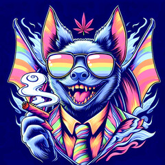 Digital art of a psychedelic cool bat smiling smoking a blunt