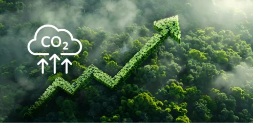 Deurstickers A compelling visual representation blending a forest landscape with rising CO2 symbols and an upward trend line, indicating the growth of carbon emissions © Bi