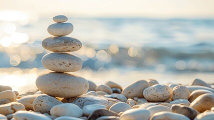Stones stacking on pebble shore representing tranquility equilibrium and unity with blurred background