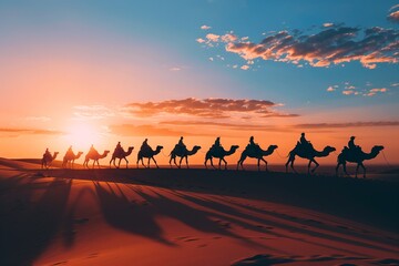 Fototapeta na wymiar Caravan of Camels Traversing Vast Desert Landscape