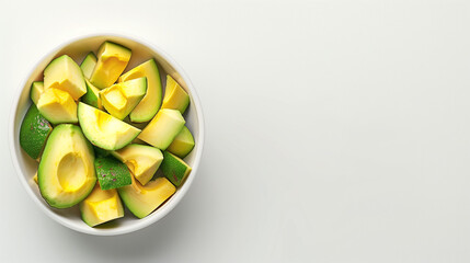 Avocado chunks in a bowl on a white table aerial view space on the right - obrazy, fototapety, plakaty