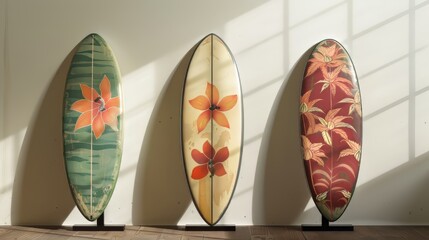 Three surfboards with floral designs are displayed on a wall. The surfboards are of different sizes and colors, with one being green and the other two being red