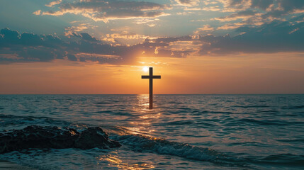 Sunrise Tranquility: Cross Silhouette on Calm Sea Horizon