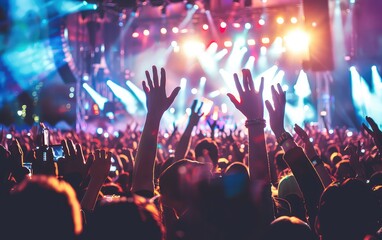 Many people in the public raising their hands at a concert or party. Concept of party and people having a good time.