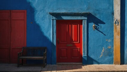 doorway of a blue building with a red door and a bench