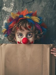 Let's celebrate! Funny kid clown hiding behind cardboard blank. Child holding banner with copy space for your text. 1 April Fool's day concept - generative ai