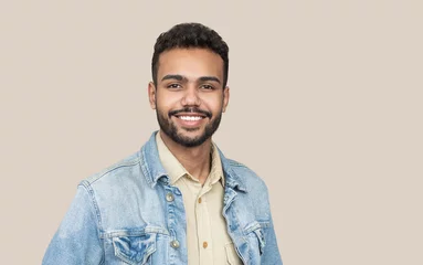 Foto op Aluminium Closeup portrait of handsome smiling young man. Laughing joyful cheerful men studio shot. Isolated on gray background © kite_rin