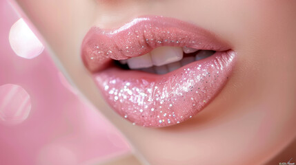 A woman's lips are covered in glittery pink lip gloss. Scene is playful and glamorous