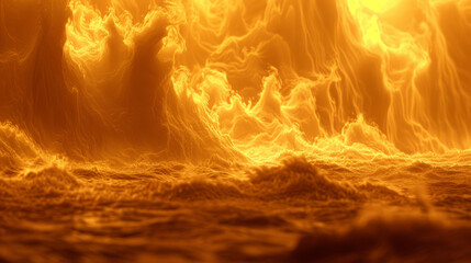 A fiery ocean with waves crashing against the shore. The water is a deep orange color, and the waves are large and powerful. The scene is intense and dramatic, with the fire - obrazy, fototapety, plakaty