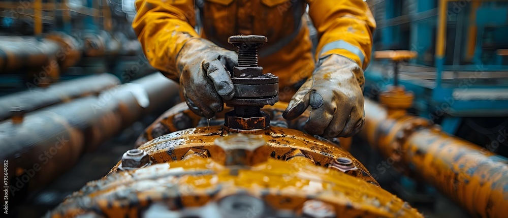 Poster closeup of workers hands turning pipeline valve maintaining and controlling oil flow. concept oil pi