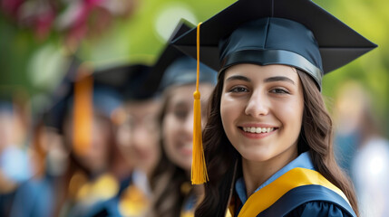 A group of people wearing graduation caps and gowns are smiling for the camera. Scene is happy and celebratory, as the graduates are proud of their accomplishments and excited for their future