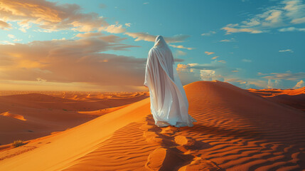 A man in a white robe walks across a desert. The sky is cloudy and the sun is setting - obrazy, fototapety, plakaty