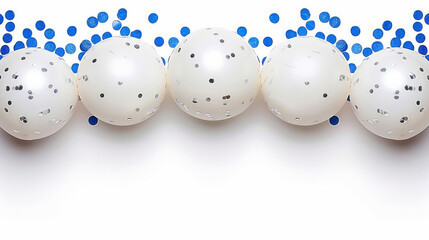 A row of white balloons with blue dots in the background