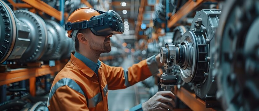 Engineer uses VR headset to control digital twin in closeup shot. Concept Virtual Reality, Digital Twin, Close-up Shot, Engineering, Technology