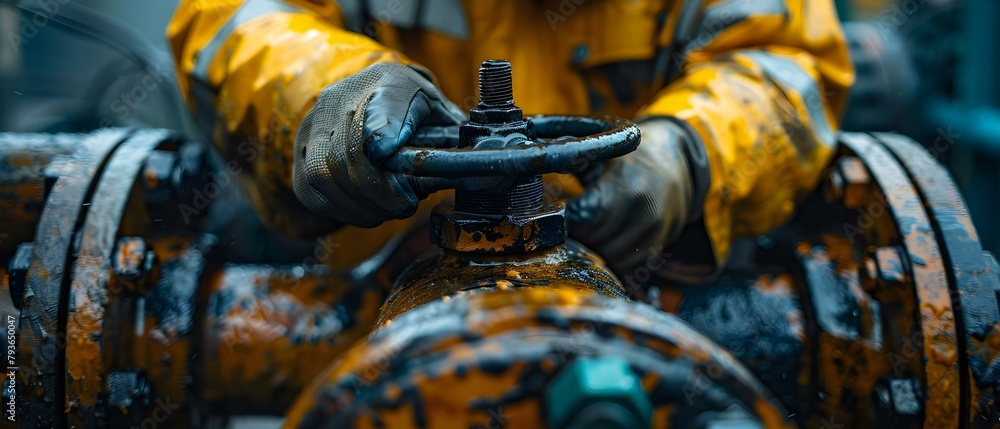 Poster workers hands turning pipeline valve to maintain and control oil flow. concept pipeline maintenance,