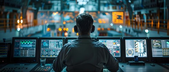 Worker in nuclear plant control room operating control panels at desk. Concept Nuclear Power Plant, Control Room, Control Panels, Worker, Operating Machinery - obrazy, fototapety, plakaty