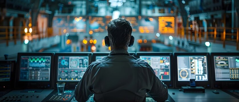 Worker in nuclear plant control room operating control panels at desk. Concept Nuclear Power Plant, Control Room, Control Panels, Worker, Operating Machinery