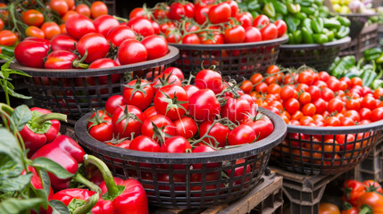 A variety of red tomatoes are displayed in baskets - obrazy, fototapety, plakaty