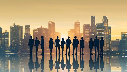 Silhouettes of a Diverse Business Team Overlooking City Life: Urban Illustration