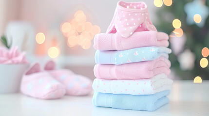 Fototapeta na wymiar A stack of baby clothes, including pink and blue onesies