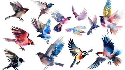 Illustration of Group of colorful birds with white background.