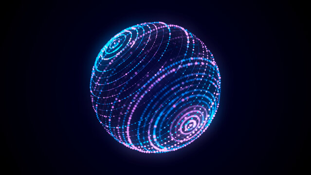Abstract blue sphere with connecting dots and lines. Wireframe technology sphere. Big data visualization. 3d rendering.