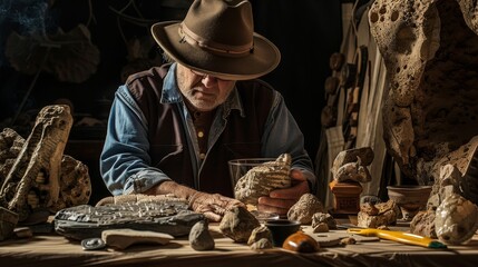 Archaeologist in a studio, adventurous, with ancient artifacts, excited, styled as documentarygraphy.