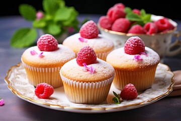 A plate of four cupcakes with raspberries on top