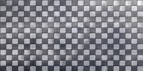 3D paint, black - white -gray checkered pattern, old grunge texture, rustic metal steel surface, antique interior wall - floor background decoration  - obrazy, fototapety, plakaty