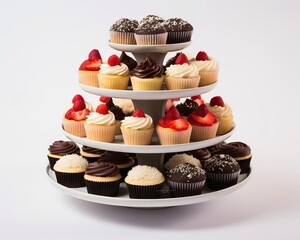 A three-tiered cupcake stand with a variety of chocolate and vanilla cupcakes, topped with strawberries, raspberries, and blueberries.