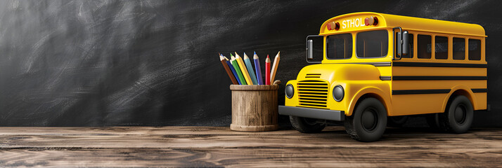 School supplies and miniature bus on the table background at classroom