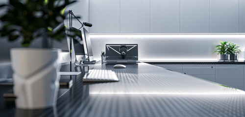 Minimalist carbon fiber studio in white and black, with diffused lighting for a serene and...