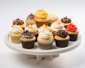 A variety of cupcakes are on a white cake stand. The cupcakes are topped with different colored frosting and sprinkles.