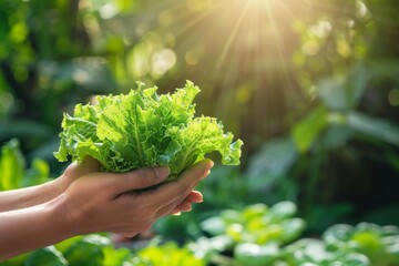 Naklejka na ściany i meble Hand holding crisp lettuce leaves, assorted lettuces on blurred background with space for text